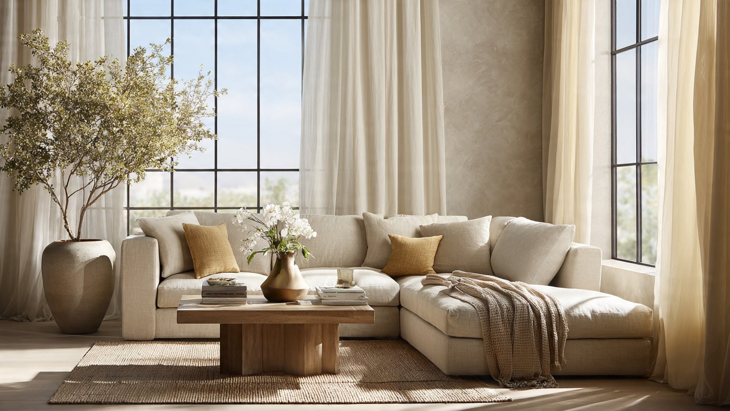 A calm, sunlit living room with soft neutral tones, linen textures, and warm natural light streaming through sheer curtains