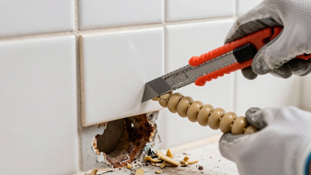 cut caulk remove tub tiles